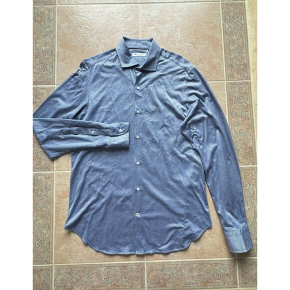 Loro Piana Men’s Cotton Dress Shirt L Blue Houndstooth Made in Italy 16.5”Collar - Picture 1 of 11